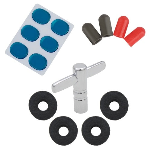 مجموعة ملحقات مجموعة الطبل مع 4 قطع من غسالات حامل الصنج + 4 قطع من رؤوس المطاط لعصا الطبل + 6 قطع من وسادات جل مثبط الطبل كاتم الصوت + 1 قطعة مفتاح طبل