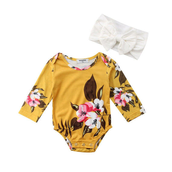 Infant Flower Print Romper Bodysuit - Yellow