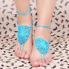 Blue Cotton Thread Crochet Foot Chain Bracelet Anklet Netlike Pattern Beach Barefoot Sandal