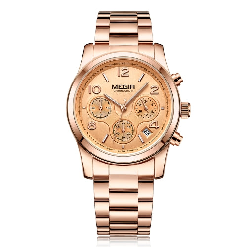 MEGIR Fashion Luxury Stainless Steel Women Watches 3ATM Water-resistant Quartz Luminous Woman Wristwatch Chronograph Calendar
