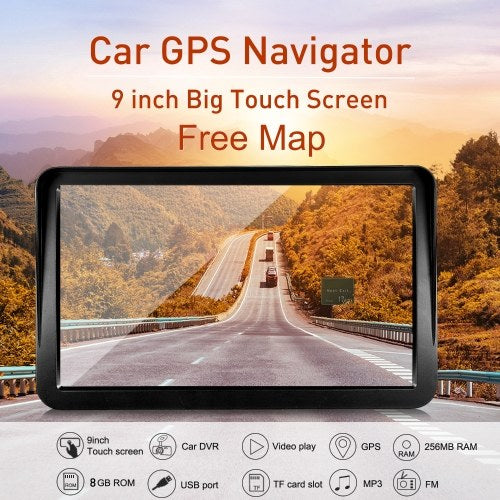 جهاز ملاحي محمول بشاشة لمس عالية الدقة مقاس 9 بوصات ونظام ملاحة GPS سعة 8 جيجابايت وسعة 256 ميجابايت ومشغل صوت ستيريو للسيارة ونظام ترفيه متعدد الوسائط مع دعم خلفي + خريطة مجانية