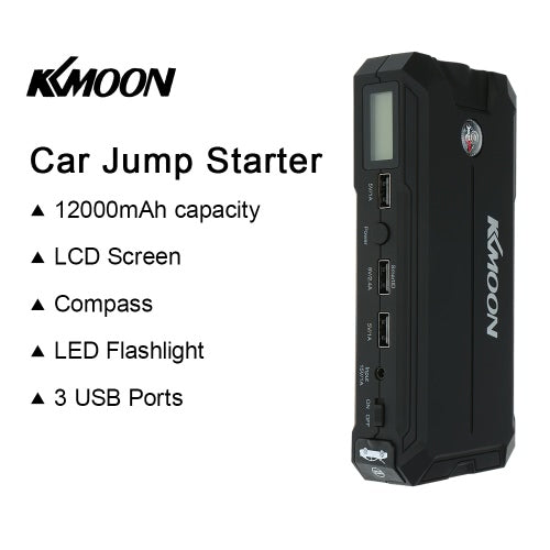 KKmoon 12000mAh Portable Car Jump Starter Power Bank with LCD Screen & Compass and LED Flashlight 3 USB Port Charging for IOS Android Smartphone Tablet Laptop