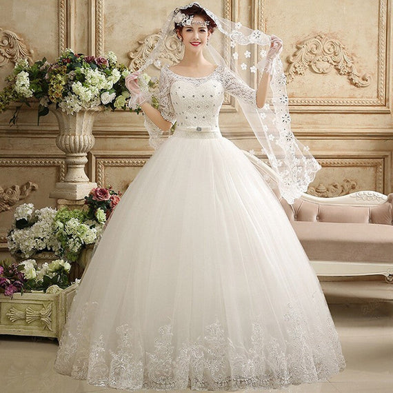 Middle Sleeves Floor Length Wedding Dress - White