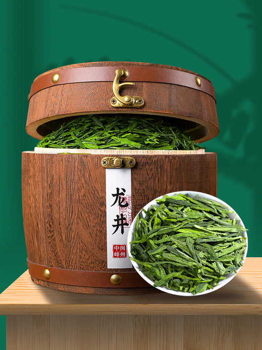Longjing Tea 2021 Chinese New Year Tea Ming Qianqian Super Gift Box 250g Luzhou-flavored Hangzhou Bean Fragrant Green Tea Bulk				 							        							Super fragrant solid wood barrel gift box 250g