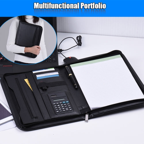 Multifunctional Professional Business Zippered Padfolio Folder Document Case Organizer A4 PU Leather