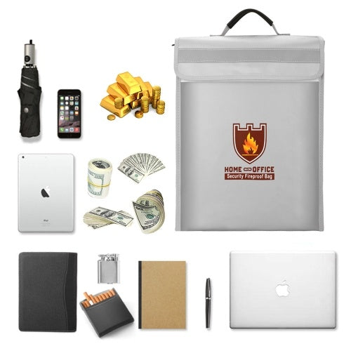 حقيبة مستندات مقاومة للحريق مقاس 15 × 11 × 2.56 بوصة غير قابلة للحكة مطلية بالسيليكون الفضي المقاوم للماء مع مقبض للمستندات الثمينة ومستلزمات السلامة المكتبية المنزلية 