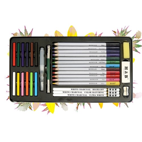 H&B 32Pcs Art Drawing Kit Watercolor Pencils Water-soluble Colored Pencil with White Charcoal Pencils/Sharpener/Eraser Painting Supplies for Kids Adults