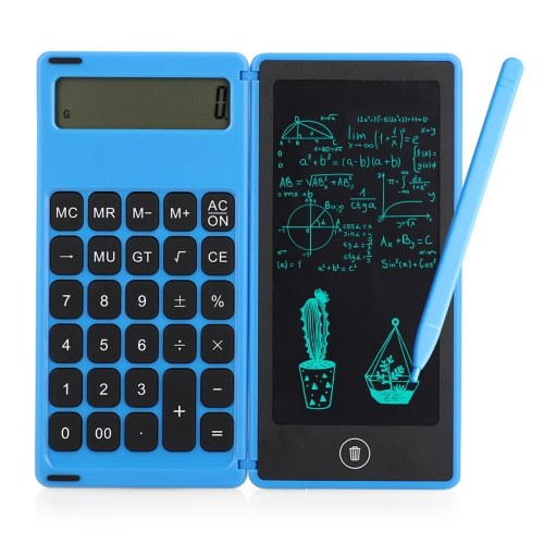 Foldable Calculator & 6 Inch LCD Writing Tablet Digital Drawing Pad 12 Digits Display with Stylus Pen Erase Button Lock Function for Children Adults Home Office School Use