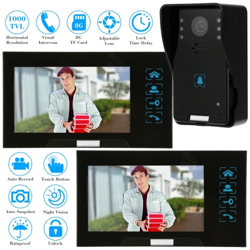 KKmoon® 7” Wired Video Door Phone System Record/Snapshot Visual Intercom Doorbell with 2*800x480 Indoor Monitor + 1*1000TVL HD Outdoor Camera + 2*8G TF Card support Touch Button Unlock Infrared Night View Rainproof Lock Time Delay Adjustable Angles for Do