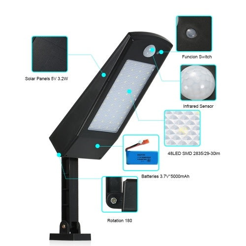 Solar Powered Floodlight 48 LED Solar Lights , 900LM Wireless Auto Motion Sensor Wall Light IP65 Waterproof Outdoor Security Lights With 180° Adjustable Pole for Home, Garden, Lawn