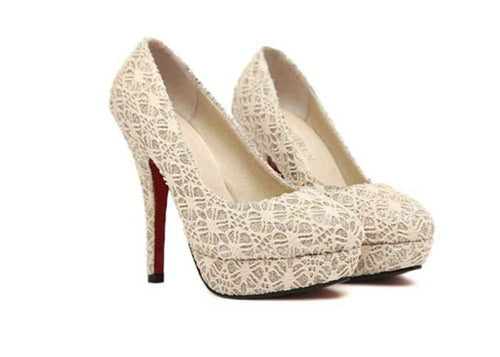Fashion Women High Heels Lace Surface Platform Sole Low Cut Vamp Pumps Shoes Beige
