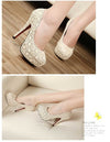 Fashion Women High Heels Lace Surface Platform Sole Low Cut Vamp Pumps Shoes Beige