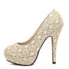 Fashion Women High Heels Lace Surface Platform Sole Low Cut Vamp Pumps Shoes Beige