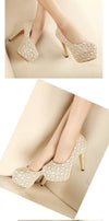 Fashion Women High Heels Lace Surface Platform Sole Low Cut Vamp Pumps Shoes Beige
