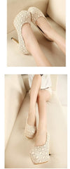 Fashion Women High Heels Lace Surface Platform Sole Low Cut Vamp Pumps Shoes Beige
