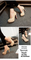 Fashion Women High Heels Lace Surface Platform Sole Low Cut Vamp Pumps Shoes Beige