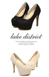 Fashion Women High Heels Lace Surface Platform Sole Low Cut Vamp Pumps Shoes Beige