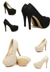 Fashion Women High Heels Lace Surface Platform Sole Low Cut Vamp Pumps Shoes Beige