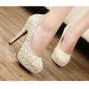 Fashion Women High Heels Lace Surface Platform Sole Low Cut Vamp Pumps Shoes Beige