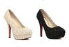 Fashion Women High Heels Lace Surface Platform Sole Low Cut Vamp Pumps Shoes Beige
