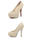 Fashion Women High Heels Lace Surface Platform Sole Low Cut Vamp Pumps Shoes Beige