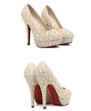 Fashion Women High Heels Lace Surface Platform Sole Low Cut Vamp Pumps Shoes Beige