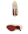Fashion Women High Heels Lace Surface Platform Sole Low Cut Vamp Pumps Shoes Beige
