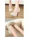Fashion Women High Heels Lace Surface Platform Sole Low Cut Vamp Pumps Shoes Beige