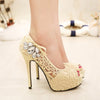 New Fashion Women Pumps Peep Toe Stiletto Platform Lace Rhinestone Elegant High Heels Beige/Pink