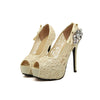 New Fashion Women Pumps Peep Toe Stiletto Platform Lace Rhinestone Elegant High Heels Beige/Pink