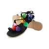 New Fashion Women Flat Sandals Colorful Bobble Pompon Lace Up Strappy Clip Toe Casual Summer Beach Shoes Black/Brown