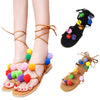 New Fashion Women Flat Sandals Colorful Bobble Pompon Lace Up Strappy Clip Toe Casual Summer Beach Shoes Black/Brown