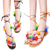 New Fashion Women Flat Sandals Colorful Bobble Pompon Lace Up Strappy Clip Toe Casual Summer Beach Shoes Black/Brown