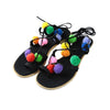 New Fashion Women Flat Sandals Colorful Bobble Pompon Lace Up Strappy Clip Toe Casual Summer Beach Shoes Black/Brown