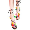 New Fashion Women Flat Sandals Colorful Bobble Pompon Lace Up Strappy Clip Toe Casual Summer Beach Shoes Black/Brown