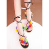 New Fashion Women Flat Sandals Colorful Bobble Pompon Lace Up Strappy Clip Toe Casual Summer Beach Shoes Black/Brown
