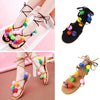 New Fashion Women Flat Sandals Colorful Bobble Pompon Lace Up Strappy Clip Toe Casual Summer Beach Shoes Black/Brown