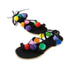 New Fashion Women Flat Sandals Colorful Bobble Pompon Lace Up Strappy Clip Toe Casual Summer Beach Shoes Black/Brown