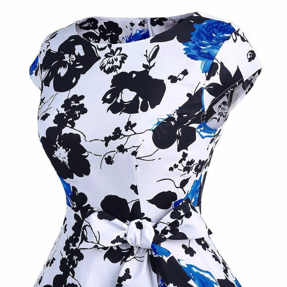 فستان كوكتيل نسائي عتيق مطبوع عليه زهور - أزرق