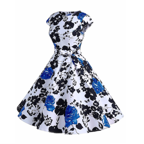 فستان كوكتيل نسائي عتيق مطبوع عليه زهور - أزرق