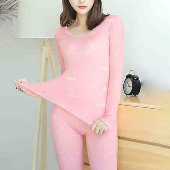 Women Autumn Winter Lace Thermal Underwear Pajama Set - Pink
