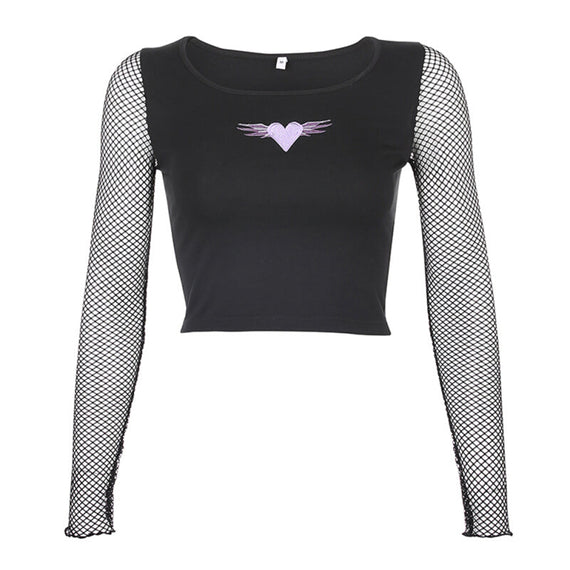 Women Cropped Heart Shape Mesh Top - Black