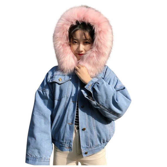 معطف دينم نسائي بغطاء للرأس - وردي