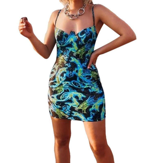 فستان حفلات بطبعة تنين بدون أكمام - متعدد الألوان