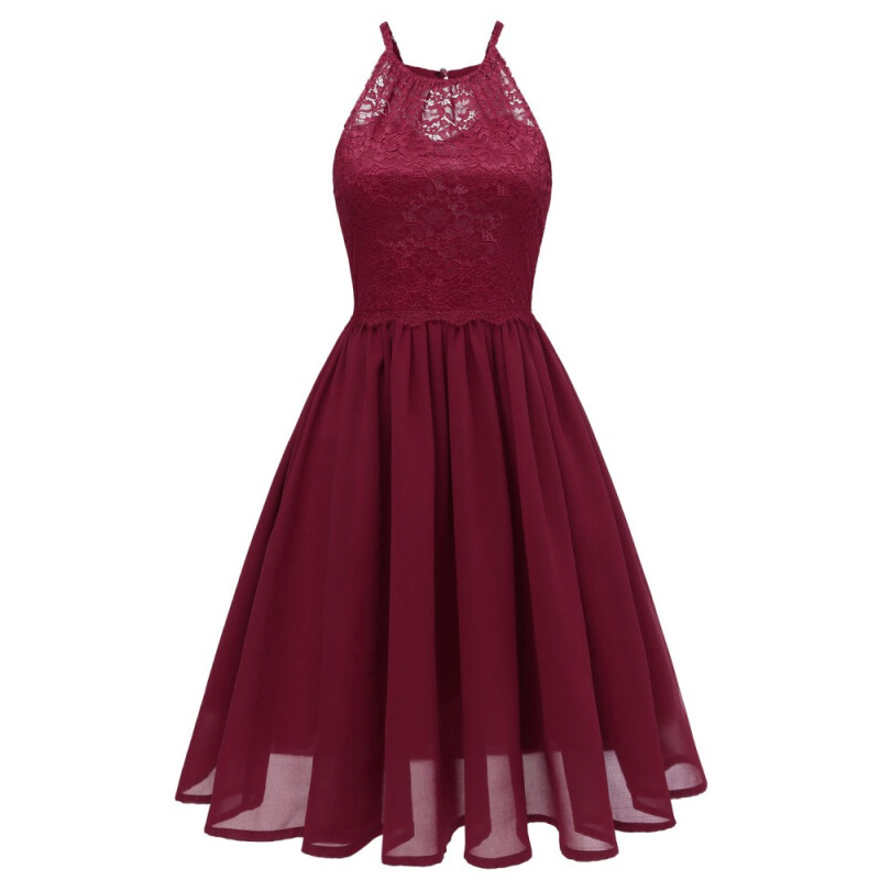 Women Vintage Cocktail Backless Party Dress - Burgundy