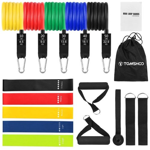 TOMSHOO 16pcs Resistance Bands Set Exercise Loop Bands Tube Bands with Door Anchor Handles Ankle Straps Carry Bag for Resistance Training Physical Therapy Home Workouts