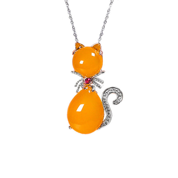 قلادة من الحجر الفاخر على شكل قطة صفراء - أصفر 