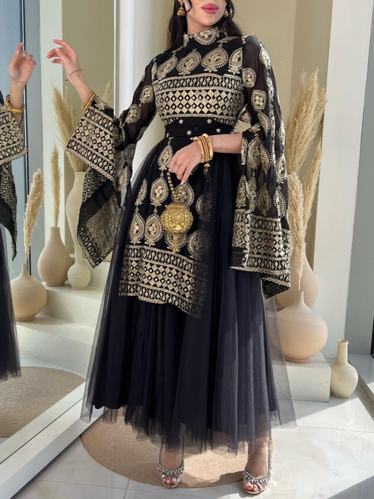 Golden Folk Pattern High Neck Split Sleeve Mesh Dress