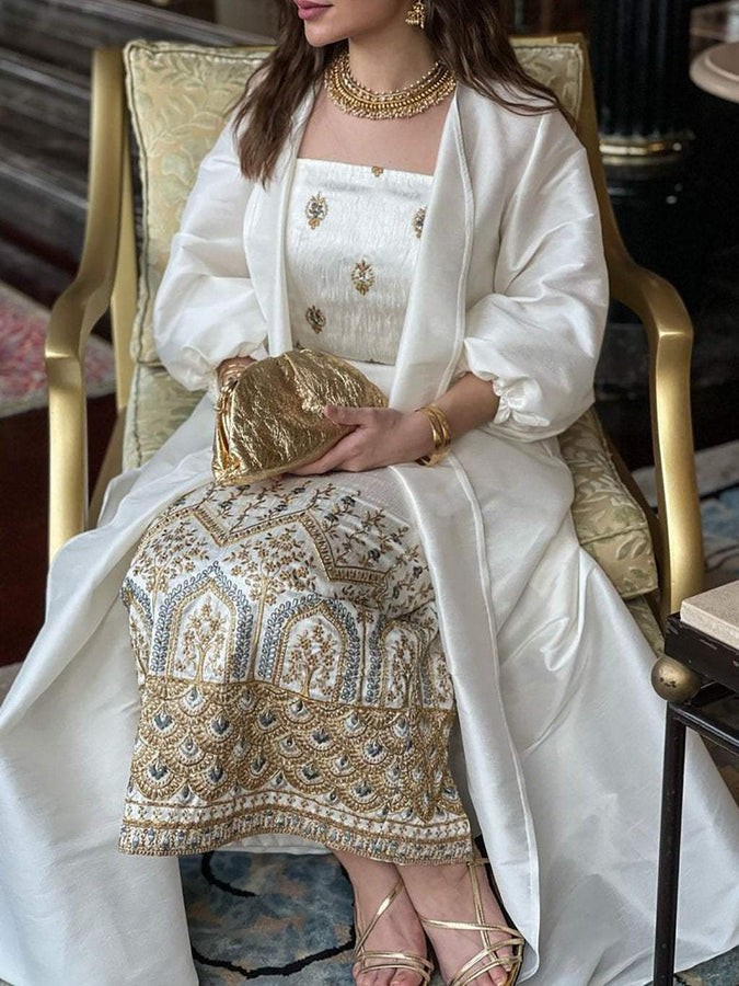 طقم مكون من قطعتين من فستان ساتان مطبوع عليه زهور عرقية أنيقة وملابس خارجية