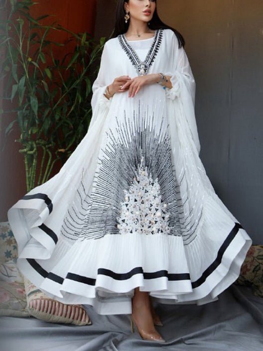 فستان شيفون طويل الأكمام المطبوع أسود